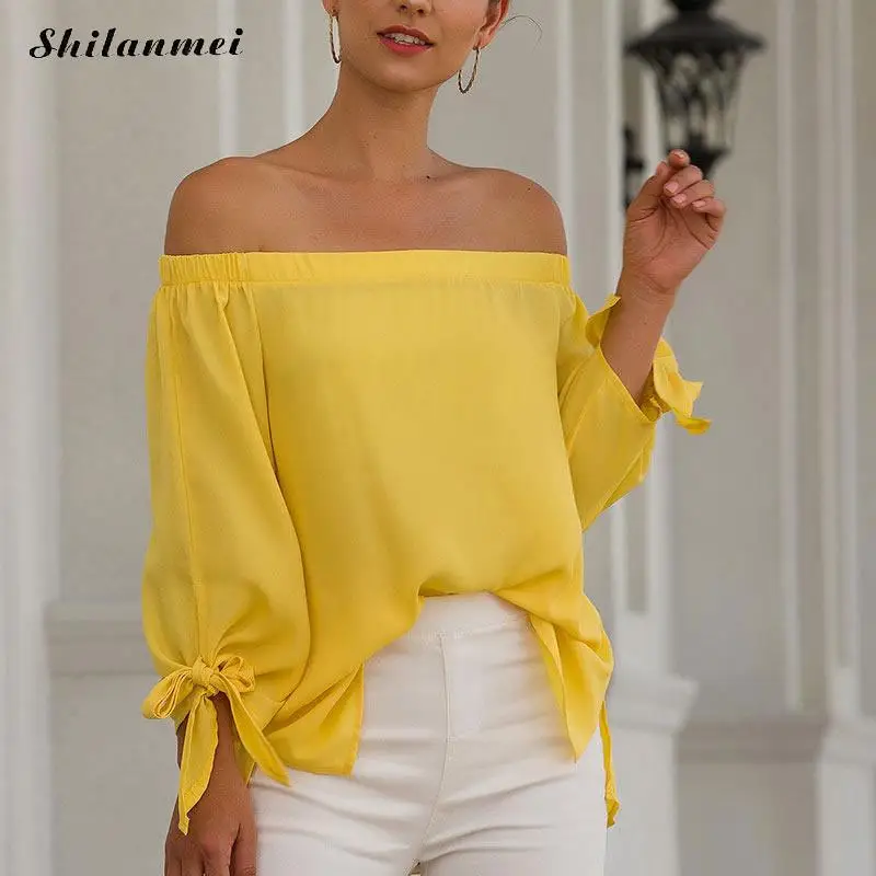 Blusas amarillas con hombros descubiertos para Mujer, holgados a la moda, camisas de manga para primavera y otoño, Sexy para Mujer 2019 - AliExpress Ropa de mujer
