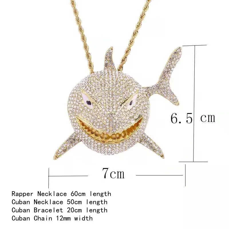 Rock Hip Hop 12mm Cuban Chain Shark Pendant Mens Necklace Iced Out Watch Rhinestone Rapper Chain CZ Bling for Men Jewelry Gifts