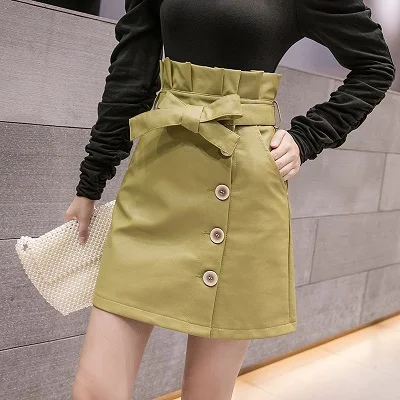 green Women's PU leather Skirt Ruffled High Waist Package Hip Slim Mini Skirts Autumn Winter Clothes Front Buttons Split Faldas - Цвет: green