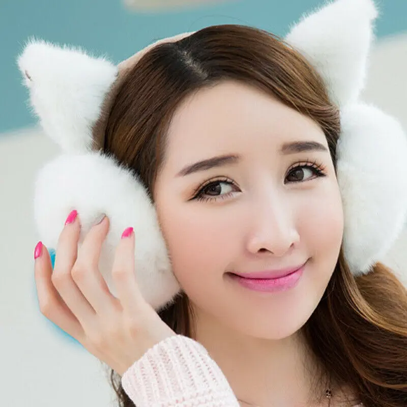 Белый Однотонные наушники из искусственного меха, зимние теплые большие наушники, плотные плюшевые пушистые наушники - Цвет: Белый