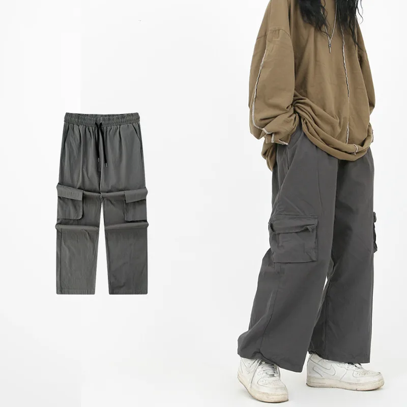 

HOUZHOU 2020 Cargo Pants Women Loose Wide Leg Pants Bunch Legs Summer Pants for Women Straight Mid Waist Pockets Trousers Women