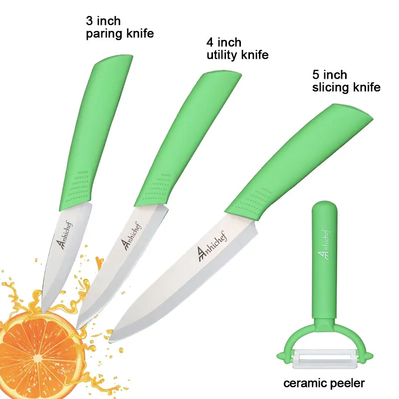 3 Green Knives Set Керамические ножи, кухонные ножи 3, 4, 5, 6 дюймов, поварской нож, поварской набор+ Овощечистка, белый цирконий, лезвие, многоцветная ручка, высокое качество - Цвет: 3 Green Knives Set