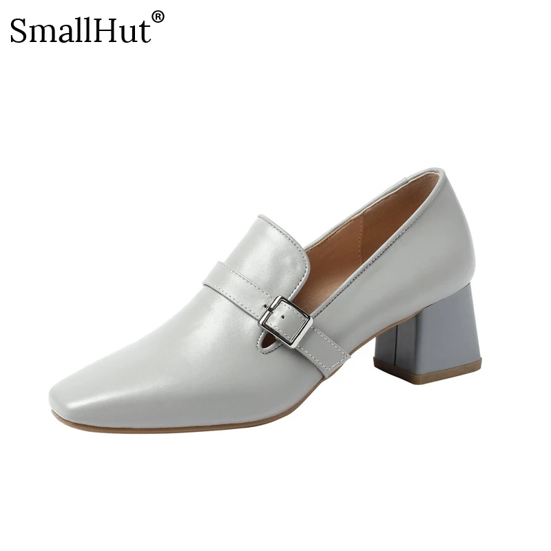 

Pumps High Quality Cow Leather Women Shoes Square Toe Elegant Sole Shoes G078 Fashion Woman Beige Gray Buckle Mid Heel Shoes