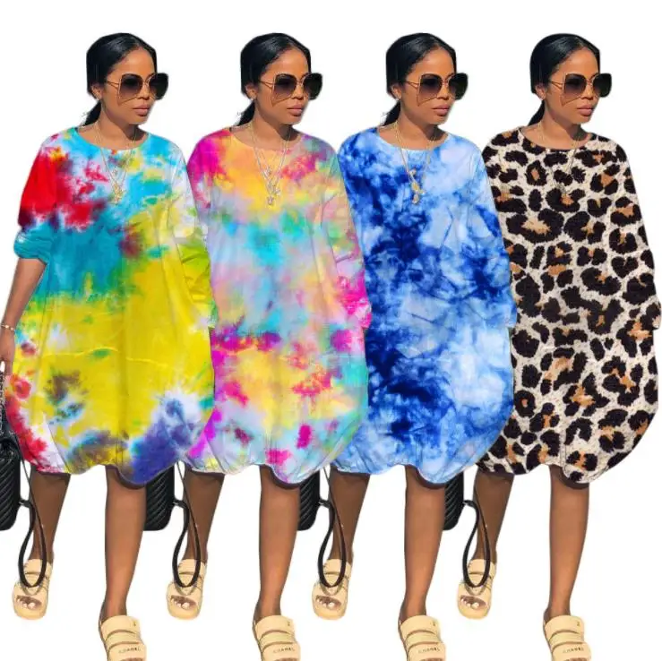 

Women Leopard 19SS Designer Dress A-line Fashion Casual Tie Dyed Loose Autumn Fall Dresses Vestidoes