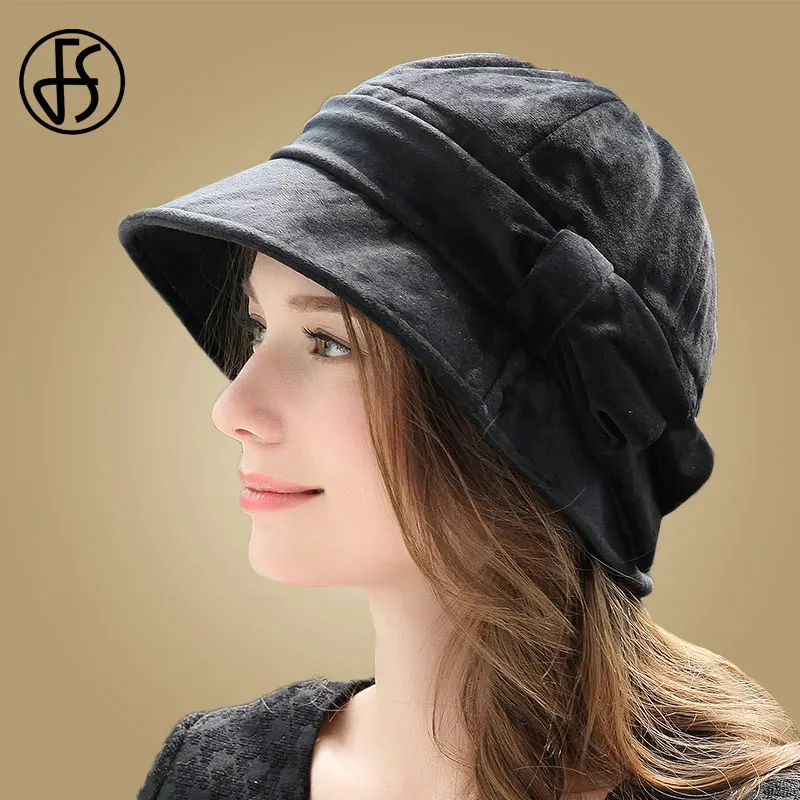 Fs Lady Winter Hats For Women Velet Wide Brim Fedora Hat Black Bowler