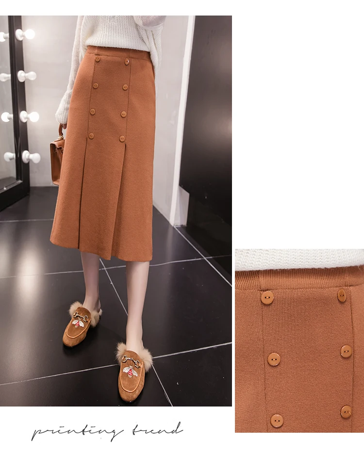 High Waist Stretch Knitted Skirt Women Elegant Double breasted Straight Long Skirts Female Autumn Winter Vintage Pleated Skirt