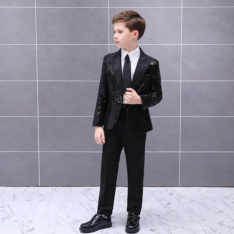 black suit set Детский многоцветный приталенный костюм с блестками, пиджак и штаны, вечерние костюмы для мальчиков, блейзер для танцев, модные топы, пальто, брюки - Цвет: black suit set