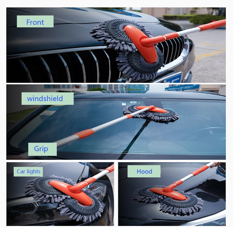 Double Brush Head Rotating Car Wash Mop Three-Section Telescopic Mop Roof Window Cleaning Maintenance Auto Supplies Accessories 2