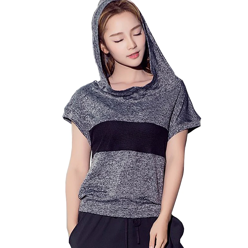

Crop Top Women Hooded Mesh Patchwork Sports Wear Woman Fitness Running T-shirts Seamless Fitness Clothing Top Shirts