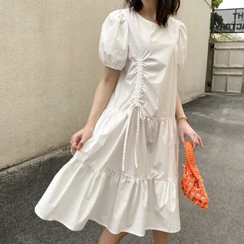 

2020 New French White Round Collar Pleated Dress Female Bubble Sleeve Platycodon Grandiflorum Medium And Long Dress