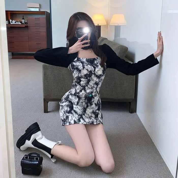 Small Hot Girl Dress round Neck Autumn Knitted Ink Tie-Dyed Elegant | Женская одежда