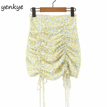 

Floral Print Chiffon Skirts Womens Sexy Drawstring Draped Bodycon Mini Skirt Female Holiday Summer Boho Skirt faldas mujer