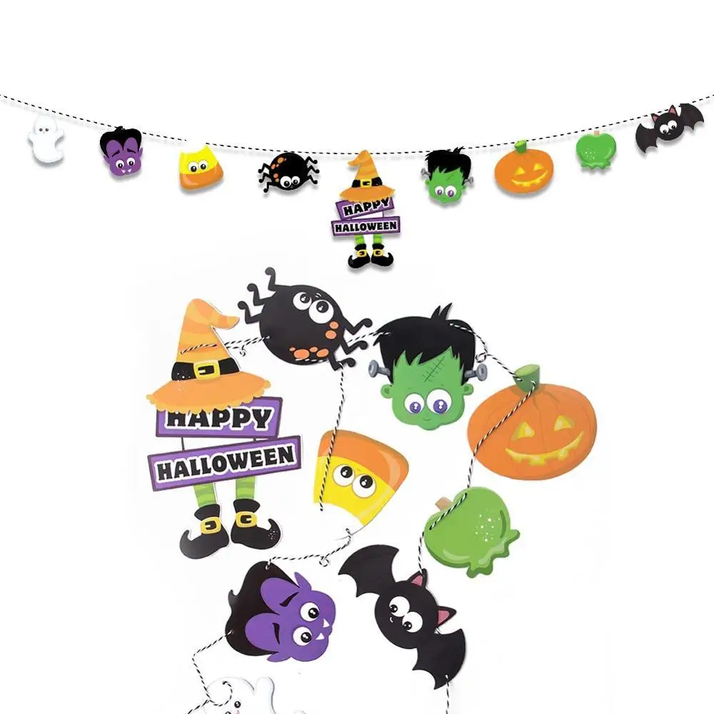 

Happy Halloween Banner Flags Garland Pumpkin Wizard Mummy Witch Skull and Bat Hanging Decor for Indoors and Outdoors