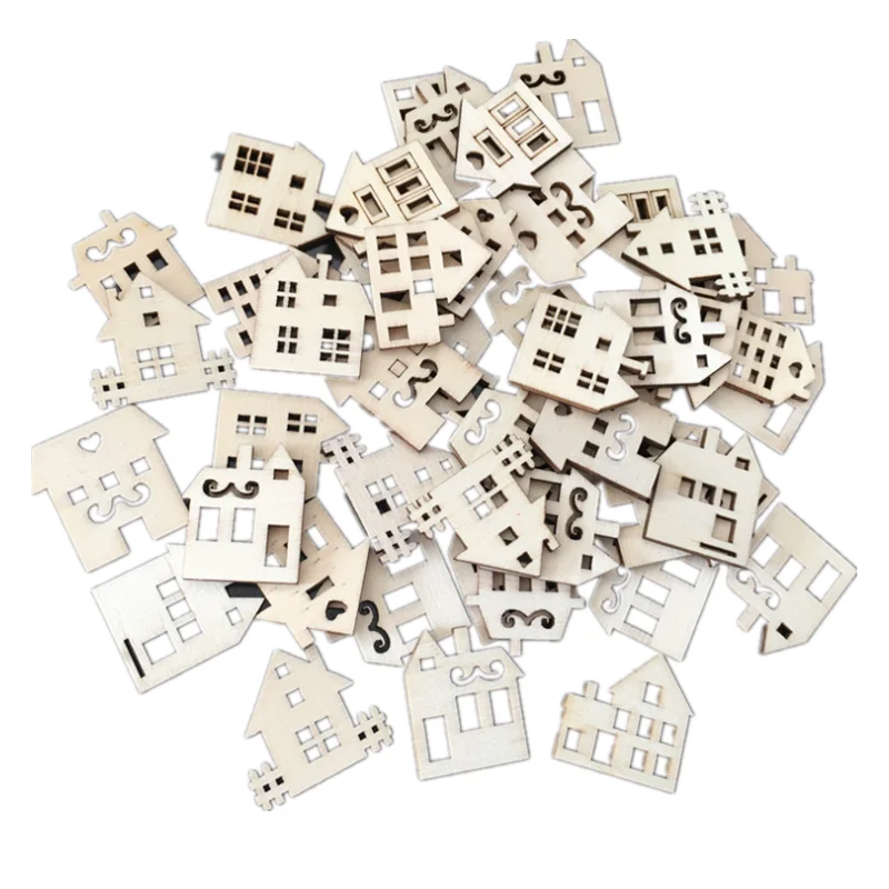 Description Picture 4 of item50PCS 30mm Wooden House Shaped Embellishments Hanging Ornaments Unfinished Wood Cutouts Ornaments for Christmas Crafts Decor