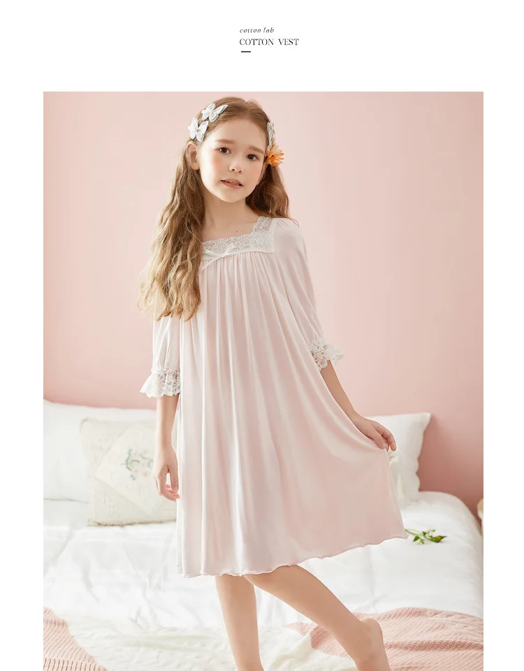 cheap cotton nightgown Children Girl’s Pink Princess Dress Sleepwear Square Neck Sleepshirts Vintage Kid‘s Lace Nightgown.Summer Girl Cotton Nightdress pajama sets button up	