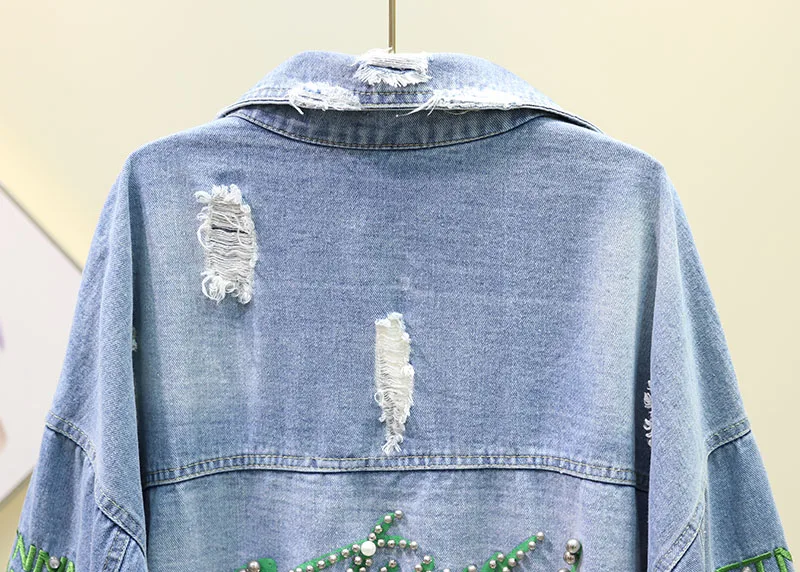 Chaquetas Mujer Осенняя джинсовая куртка для женщин с вышивкой буквами пальто с бисером Женская свободная куртка-бомбер Jaqueta джинсовое легкое пальто
