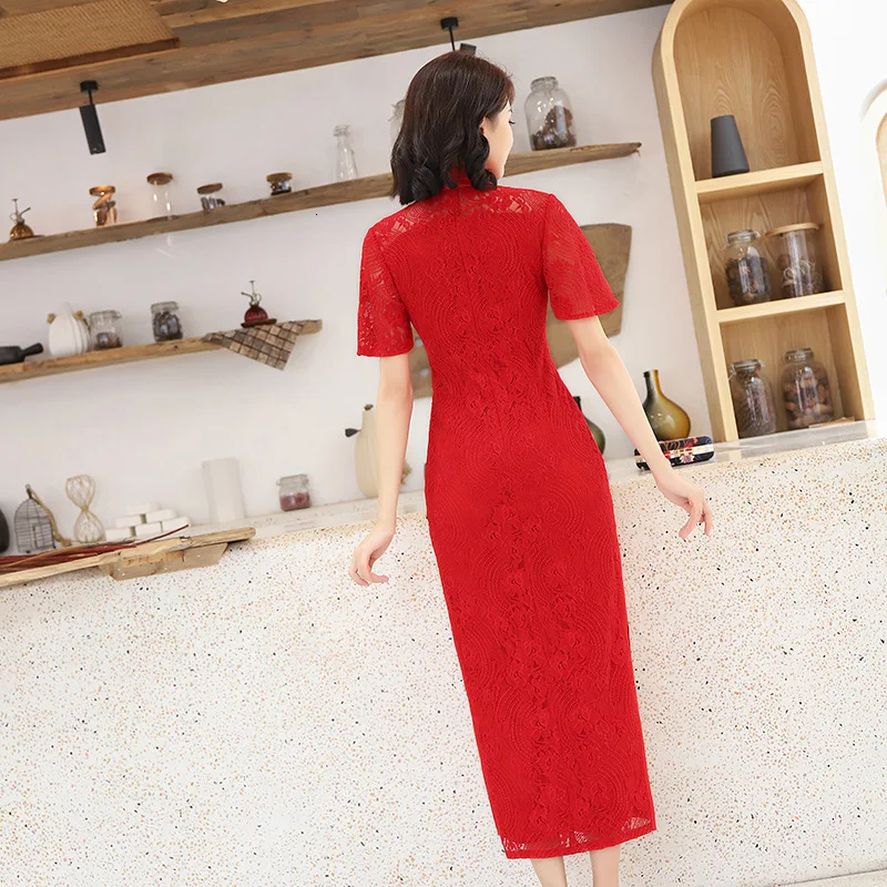 Sheng Coco китайское красное свадебное Qipao кружевное Яркое Красное тонкое длинное платье Cheongsam для невесты Одежда для тостов восточные платья