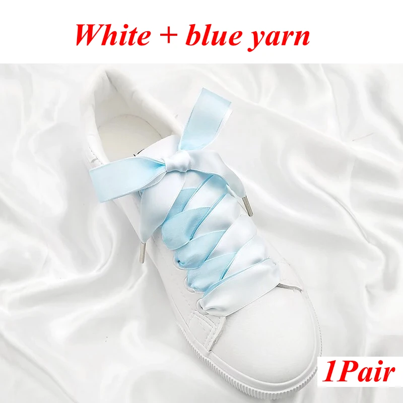 White blue 1 пара атласных шелковых лент шнурки двусторонний снег пряжи обуви кружева модные кроссовки шнурки 2 см ширина 80/100/120 см длина - Цвет: White blue