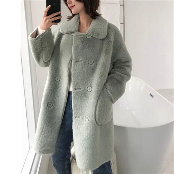 RUGOD, новинка, зимнее пальто для женщин, искусственный мех, женское длинное пальто, отложной воротник, две кнопки, мягкое, толстое, теплое, модное пальто - Цвет: Зеленый