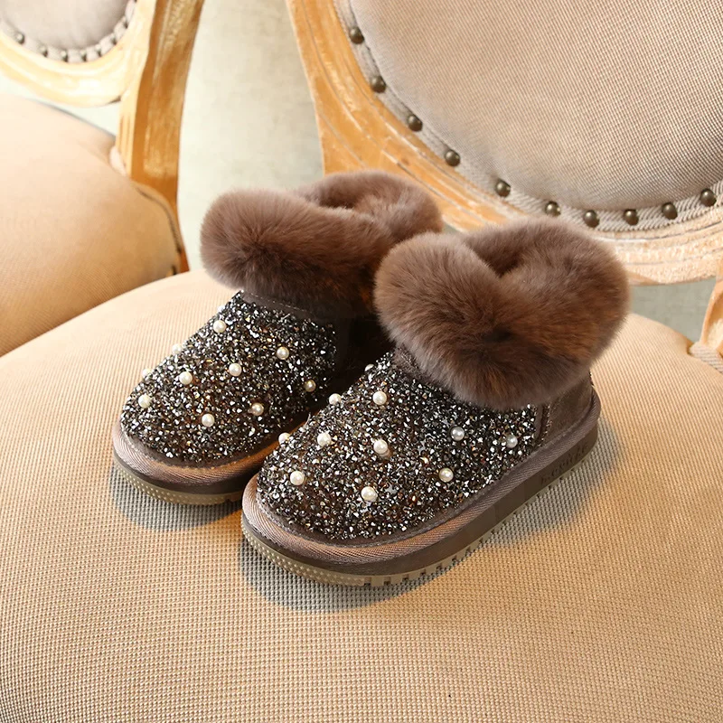 Scsech/новые зимние сапоги с жемчугом для маленьких девочек; детские мягкие сапоги с бантом; Теплая обувь для малышей; стразы; Детские брендовые черные сапоги; XH14 - Цвет: BSA18 brown