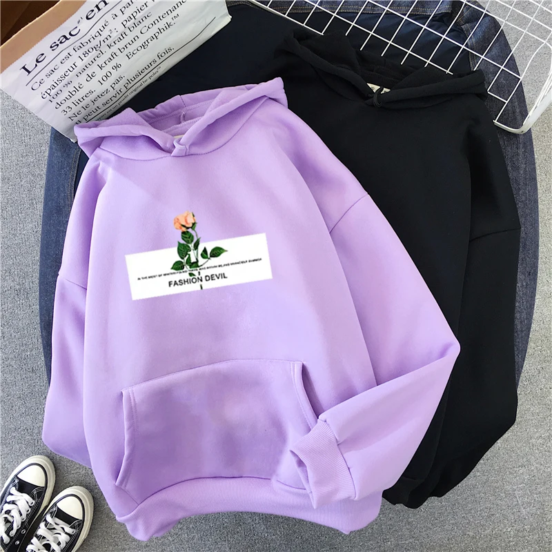 Kawaii Graphics Hoodies Women Harajuku Pocket Sweatshirt Rose Flower Design Casual Vintage Oversized Hoody Hip Hop Streetwear