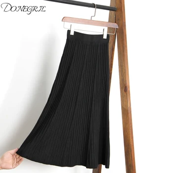 

2019 Autumn Women Pleated Skirt Elastic High Waist Knitted Fashion Casual Korean Solid Color Winter Warm Black Skirt