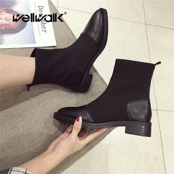 

Wellwalk Stretch Ankle Boots Women Winter Shoes Slip On Sock Boot Woman Autumn Footwear Ladies Fashion Booties Block Heels