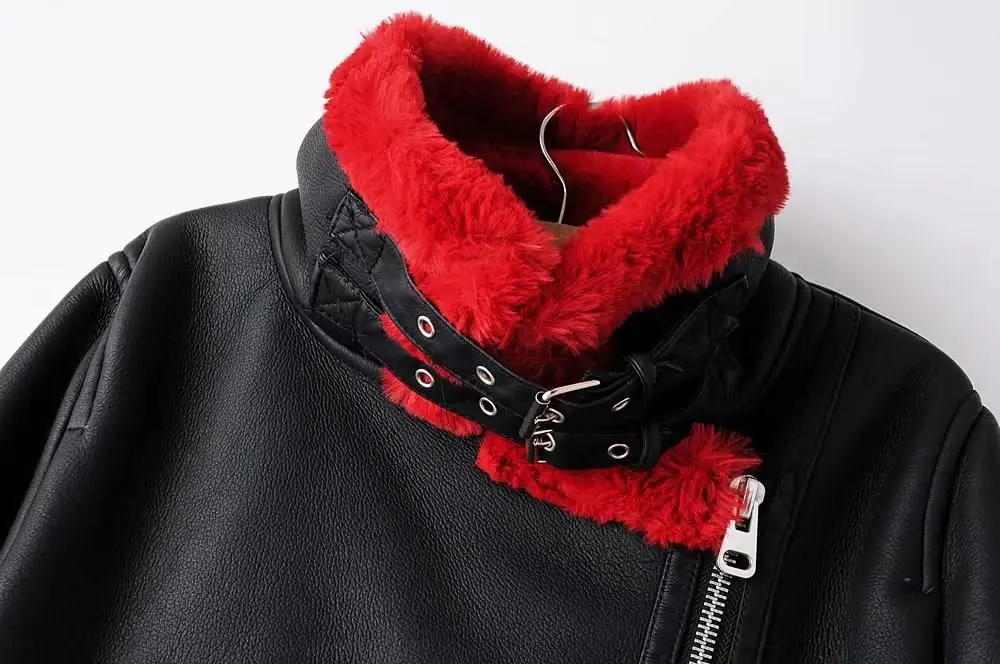 Куртка из искусственной кожи, женская теплая Толстая куртка из искусственной овечьей шерсти, куртка с поясом, отложной воротник, мотоциклетная верхняя одежда на молнии