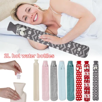 

2 litre Extra Long Hot Water Bottle With Cover Faux Fur Knitted Removable Warm Solid Color Hand Warmer For Women Great Gift