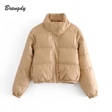 Za 2021 Women's Parkas PU Leather Khaki Jackets Winter Warm Coats Puffer Outerwear Crop Tops Thick Jackets Faux Leather Female