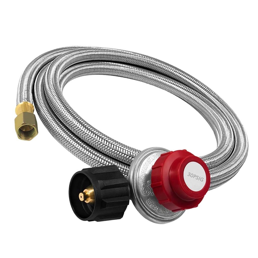 Stainless Braided Adjustable Propane Regulator W/ 4ft Hose QCC1/Type 1, fits most gas grill, propane smoker, fire pit