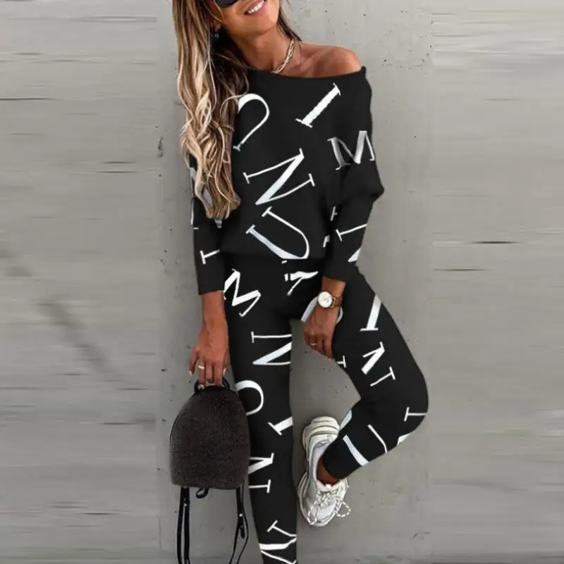 Chándal con estampado de letras para mujer, sudadera de manga larga, pantalones con cuello redondo sin tirantes, conjunto de dos piezas, ropa deportiva de ocio