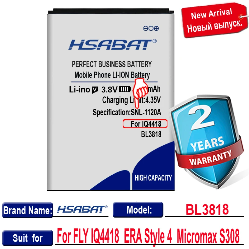 Аккумулятор HSABAT для FLY IQ4418 IQ 4418 ERA Style 4 BL 3818 / Micromax S308 2600 мАч|battery for|battery for flybl |