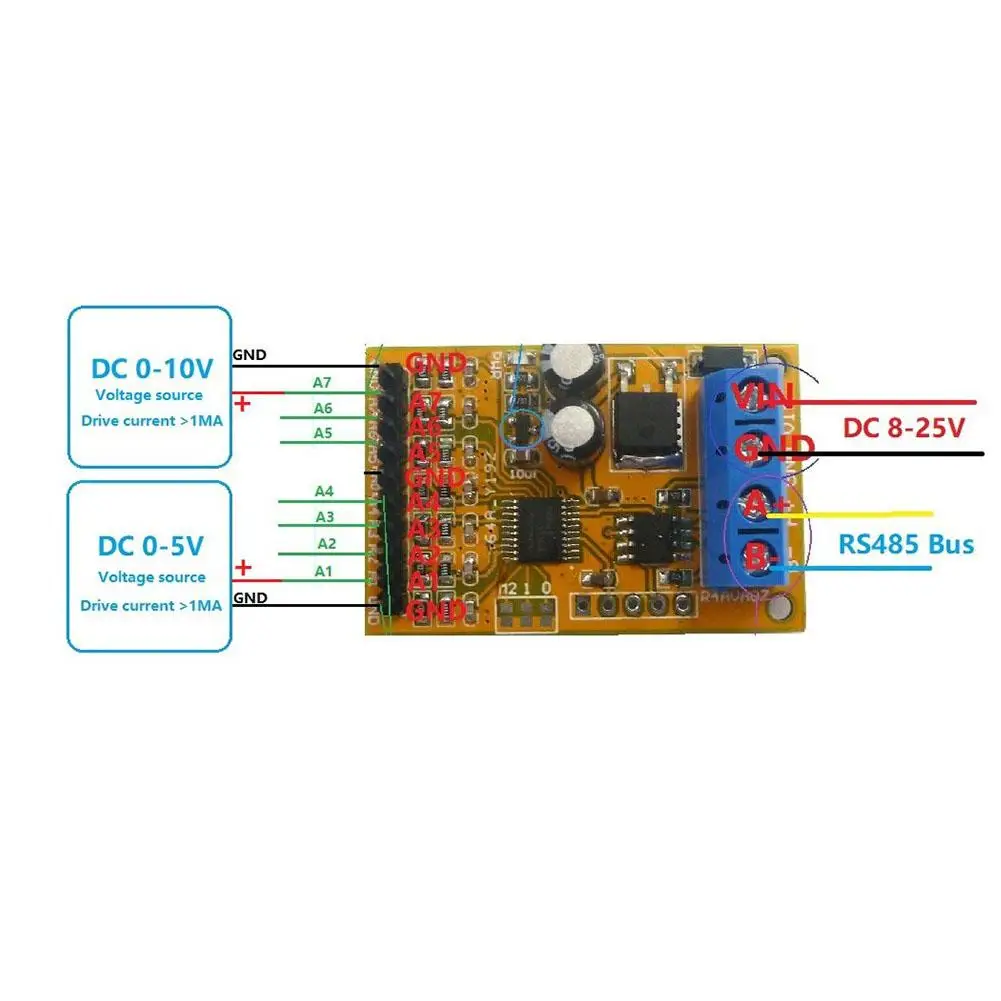 R4AVA07 7 канальный аналоговый коллектор напряжения RS485 ADC Modbus RTU 03 06 функциональный