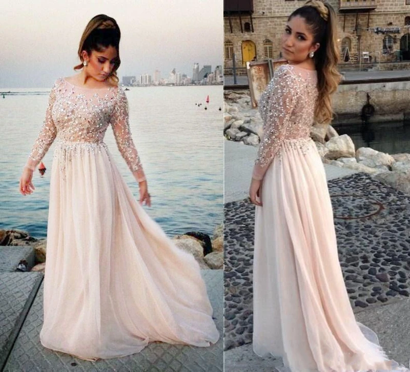 

2019 Luxury Long Illusion Sleeve Plus Size Prom Dresses Scoop Neck Hot Crystals Beads Sequins Floor Length Evening Party Gowns