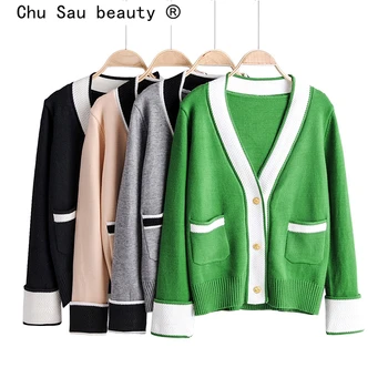 

Chu Sau beauty Autumn Winter Sweet Chic Contrast Color Sweaters Women Casual Two-pockets Knitted Cardigans Elasticity Warm Tops