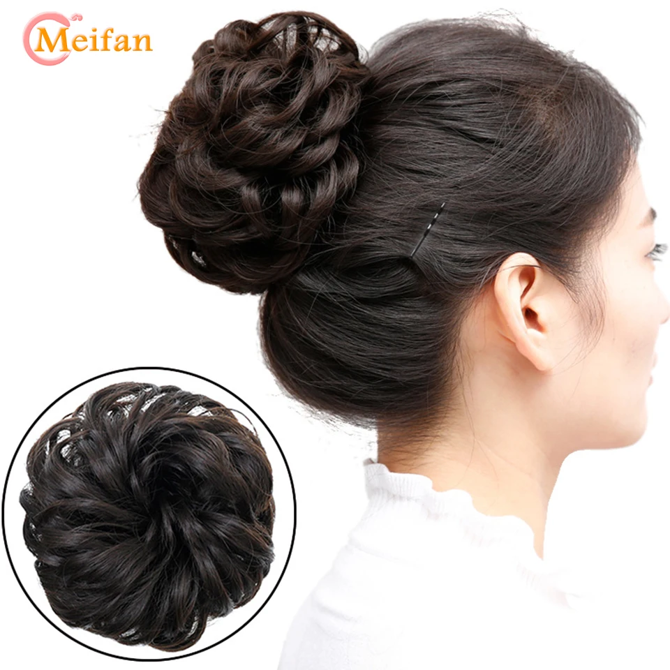 

MEIFAN Girls Curly Scrunchie Elastic Chignon with Rubber Band Brown Gray Synthetic Hair Ring Wrap for Hair Bun Ponytail