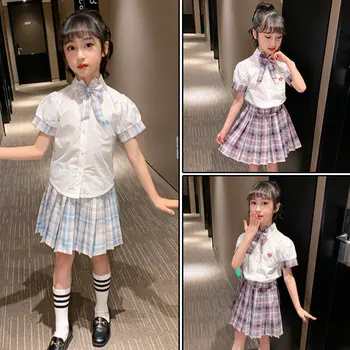 

Girls Clothing Sets Japan Korean Fashion Design Style 2020 New Summer Girls Clothes Bowtie Shirt+Plaid Skirt 2Pcs Kids Tracksuit
