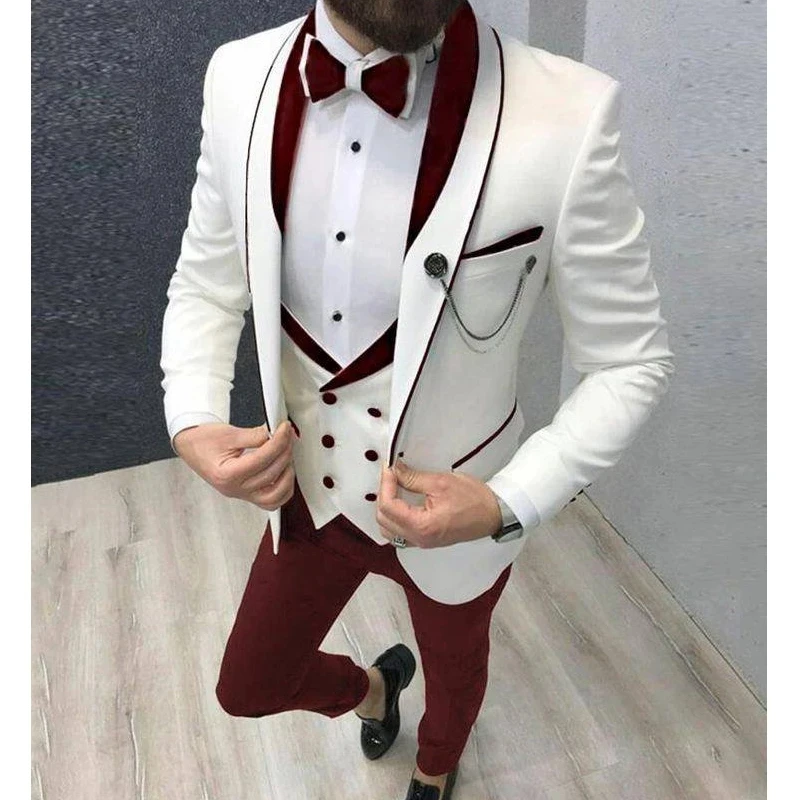 

White Red Shawl Lapel Men Suits Costume Wedding Groom Tuxedo Slim Fit Terno Masculino Prom Party Blazer 3 Pcs Jacket+Pant+Vest