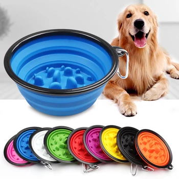 

Update travel folding silicone pet bowl slow food water feeding BPA free plate for dogs cat drop