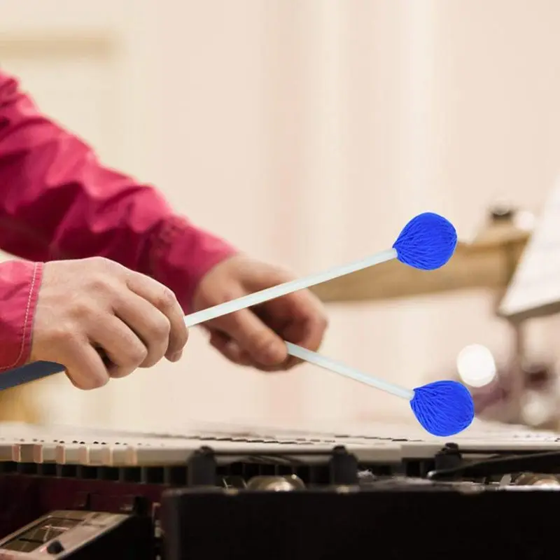 1 пара Mallets Marimba, перкуссионные Mallets с синей головой пряжи и гладкой деревянной ручкой для начинающих