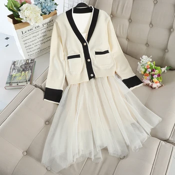 

High Quality 2 Piece Sets Women 2020 Spring Small Fragrant Knitted V-Neck Cardigan Sweater+Spaghetti Strap Mesh Ball Gown Dress