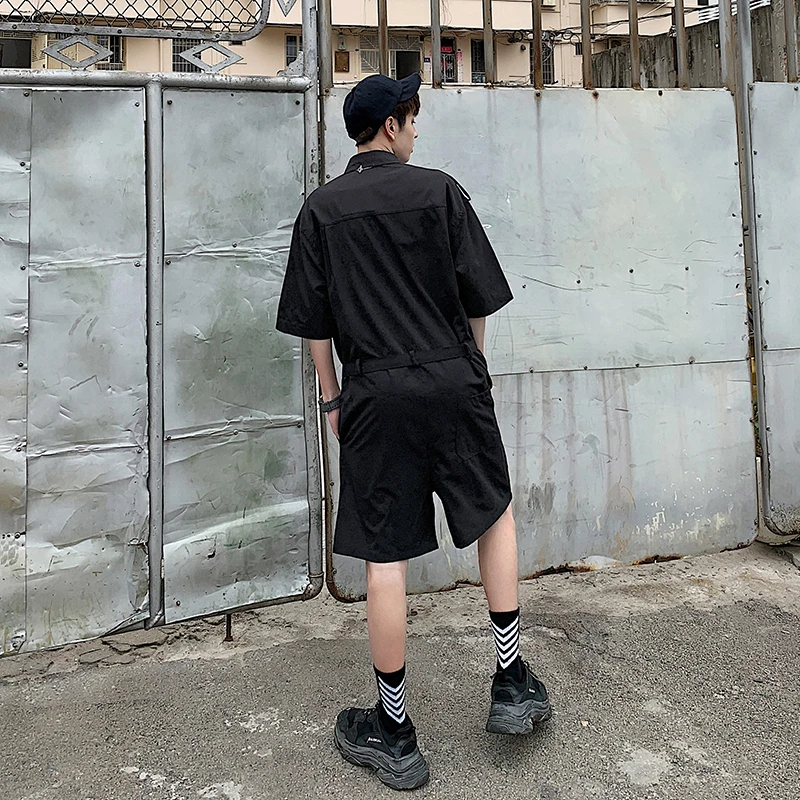 New Jumpsuit Men Summer Men's Half Sleeve Belt Pockets Jumpsuit Hip Hop Man Streetwear Pants Short Overalls Men