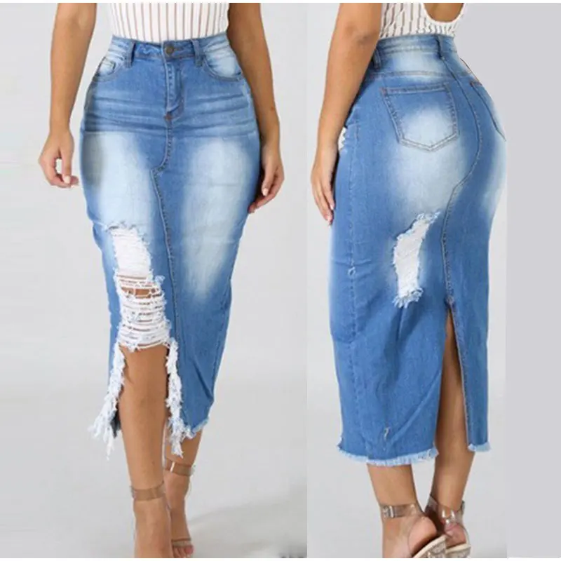 Plus Size High Waist Ripped Tassel Hem Front Split Bodycon Denim Skirts 4XL 5XL Women Streetwear Hole Maxi Skirt Jeans Bottoms