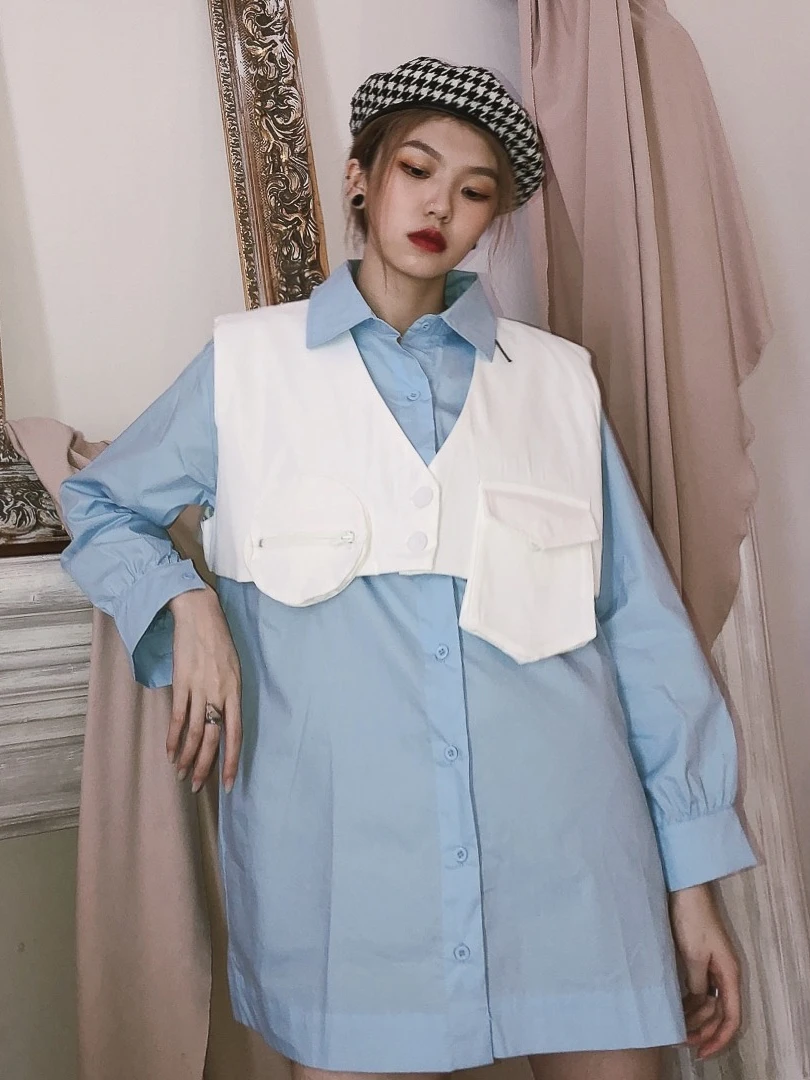 

JASUMMER Street Trend Two-piece shirts Women's Early Autumn New Leisure Loose Simple Shirt and Horse Armor Suit BF