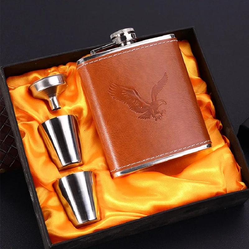 Yellow eagle hip flask MINI liquor Bottle christmas Gift box Stainless steel wine pot Leather surface portable whiskey Bottle silk interior - Color: Yellow eagle