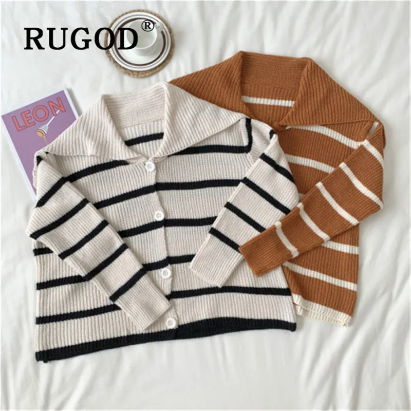 RUGOD, повседневный вязаный кардиган в полоску, женский, корейский, vrew, с вырезом, с длинным рукавом, auturm, свитер, пальто, женская мода, женская одежда