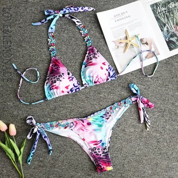 

LOVE & LEMONADE Sexy Rhinestone Decoration Colorful Leopard Material Straps Women'S Bikini Swimsuit LMSW23