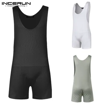

Men Bodysuit Mesh Pajamas Boxers Breathable Solid Sleeveless Sexy Slim Jumpsuit 2020 Mens Sleepwear Rompers Homewear INCERUN