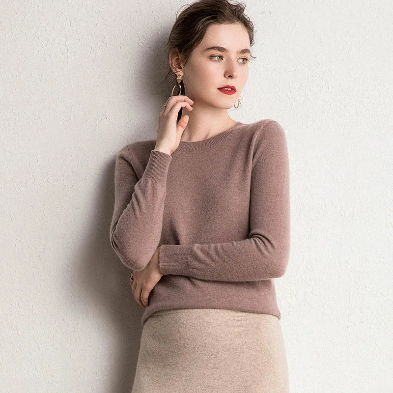 Новые цвета женский кашемировый вязаный пуловер с круглым вырезом разноцветный базовый чистый свитер для женщин Круглый вырез зимний джемпер - Цвет: Dry Rose